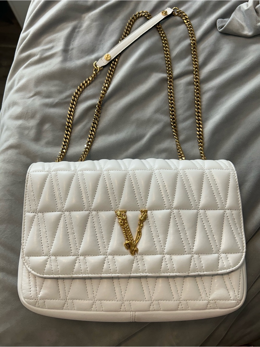 Versace White Quilted Shoulder Bag with Gold Chain